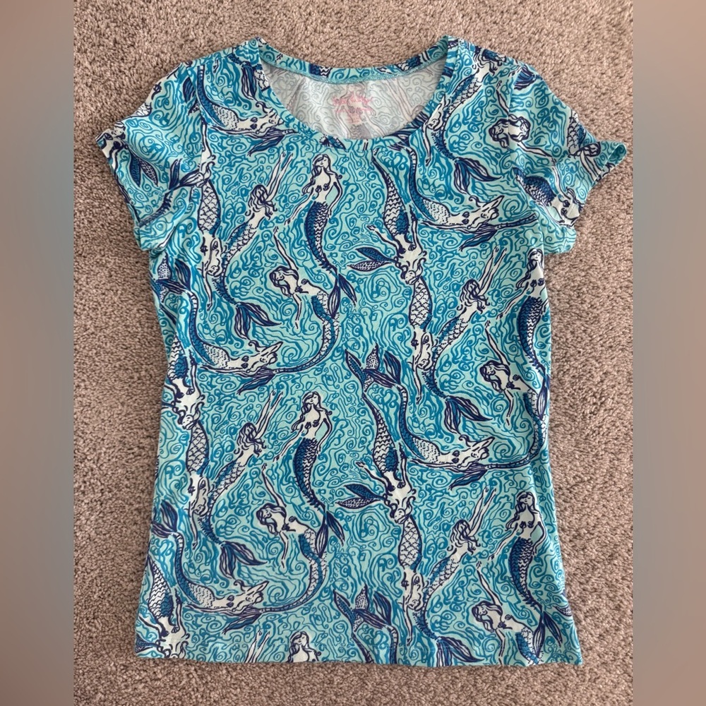Lilly Pulitzer Aqua Mermaid Print Short Sleeve Top
